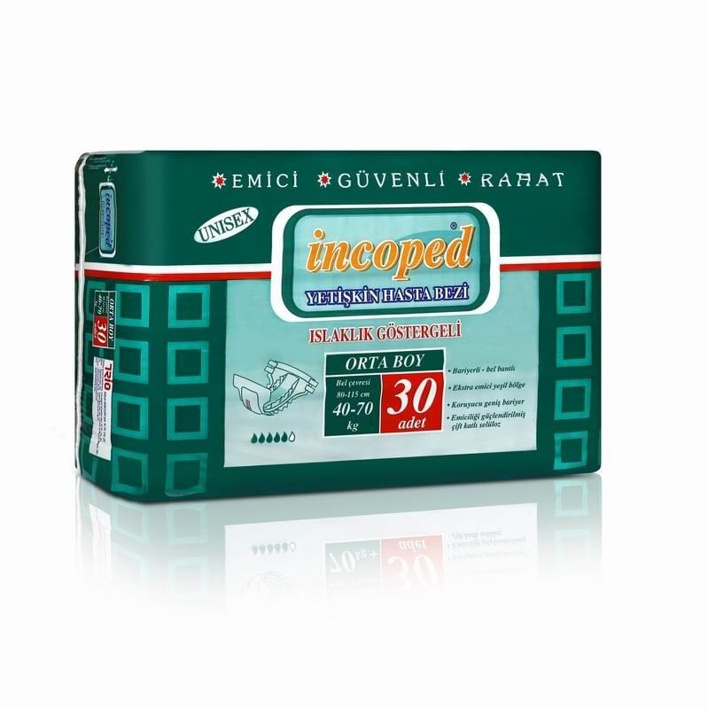 İncoped Belbantlı Hasta Bezi Islaklık Göstergeli Medium 30 Adet x 4 (Polietilen)